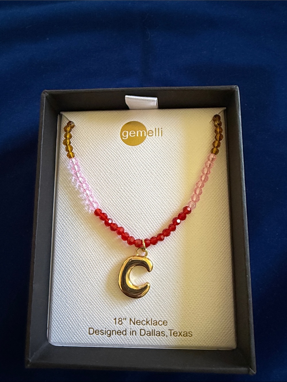 Pink & Red Beaded Necklace with Gold 'C' Pendant